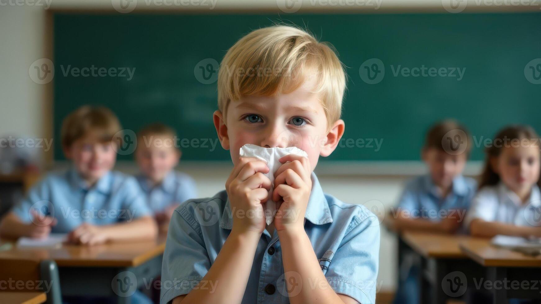 A blond boy uses a tissue to blow his nose during class, with classmates photo