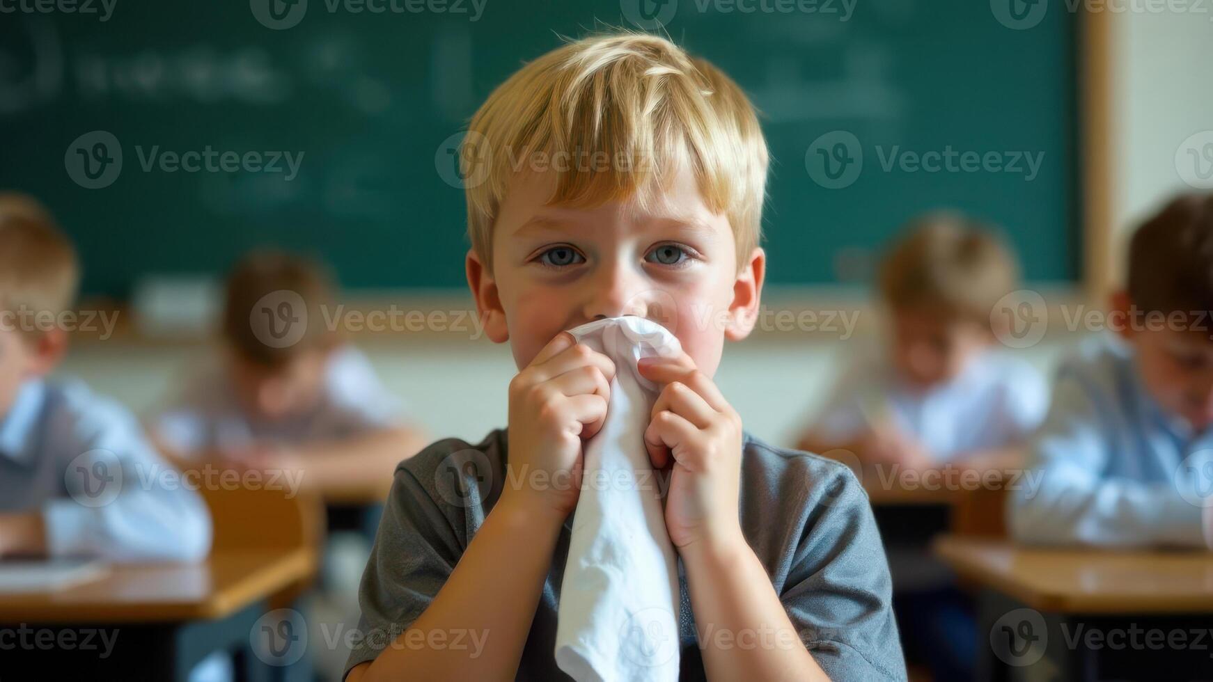 A boy in a classroom blows his nose into a tissue, surrounded by other students photo
