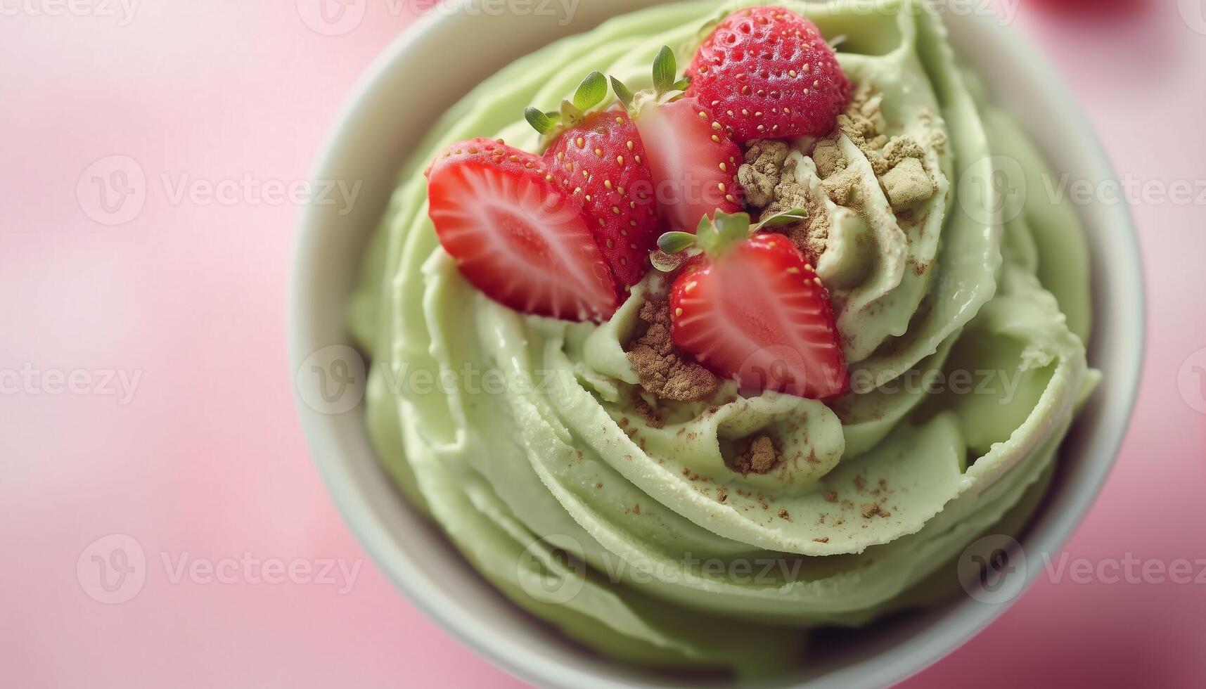 Matcha green sweet cream on white bowl for sweet snack dessert photo