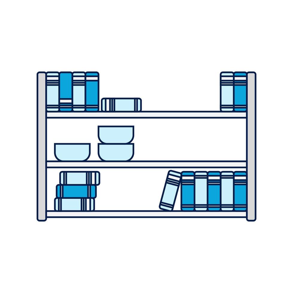 Bookshelf, A multi-level bookshelf filled with books and kitchenware, suitable for organizing a space. vector