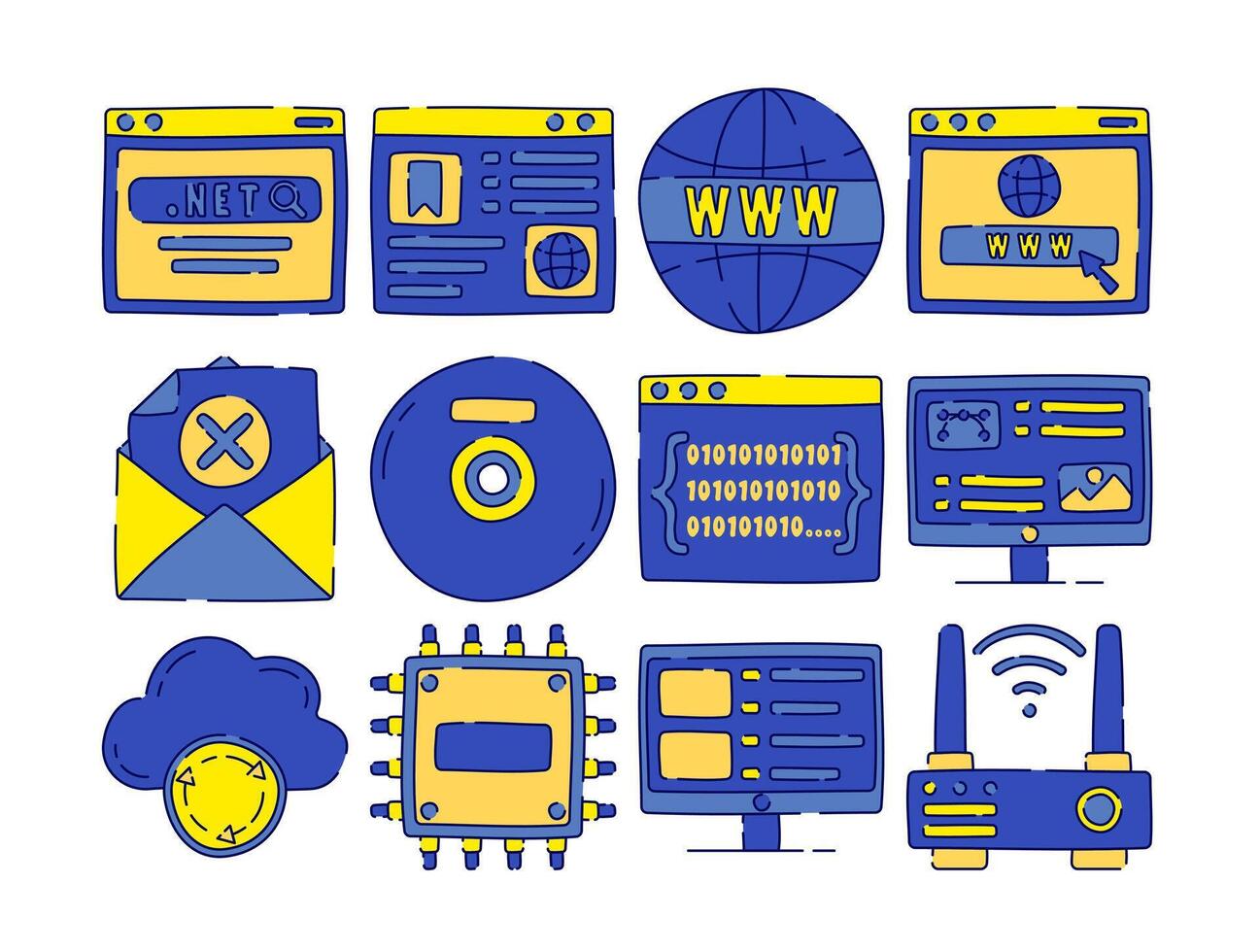 A set of doodle style IT icons featuring web browsers, coding, cloud storage, networking, cybersecurity, and hardware components. Ideal for digital, tech, and online-related designs. vector