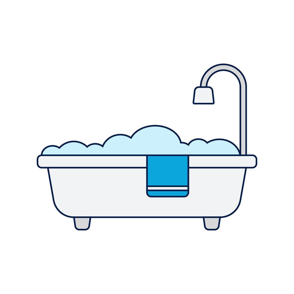 Bathtub with Shower, A bathtub filled with bubbles, featuring a shower head and a hanging towel. vector