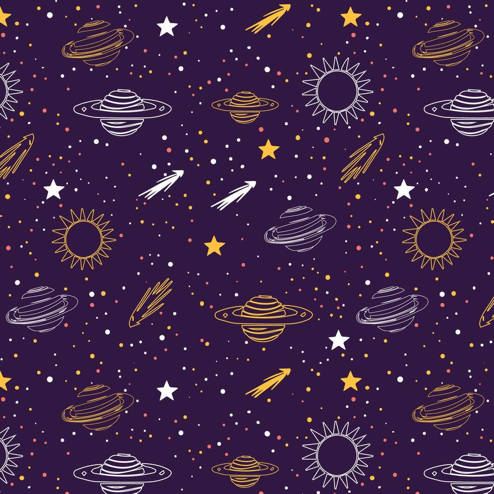 Hand drawn space pattern with planets and stars. vector