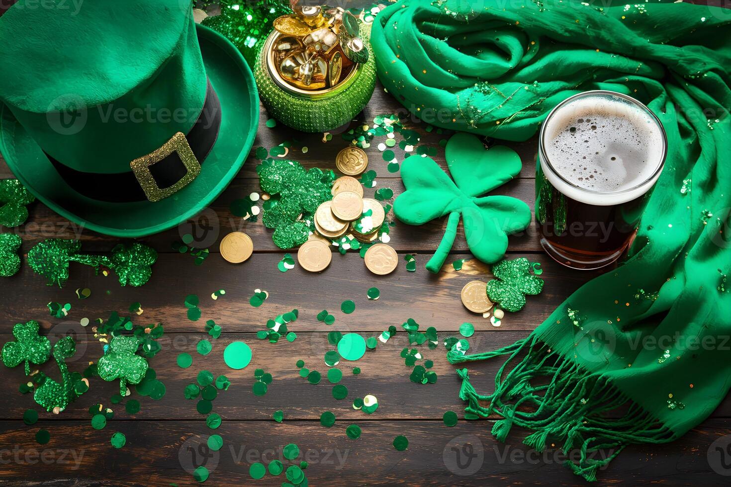 Festive St. Patrick's Day display with leprechaun hat, coins, and beer. photo