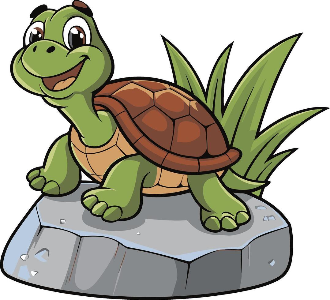 A happy turtle sitting on stone cartoon illustration vector