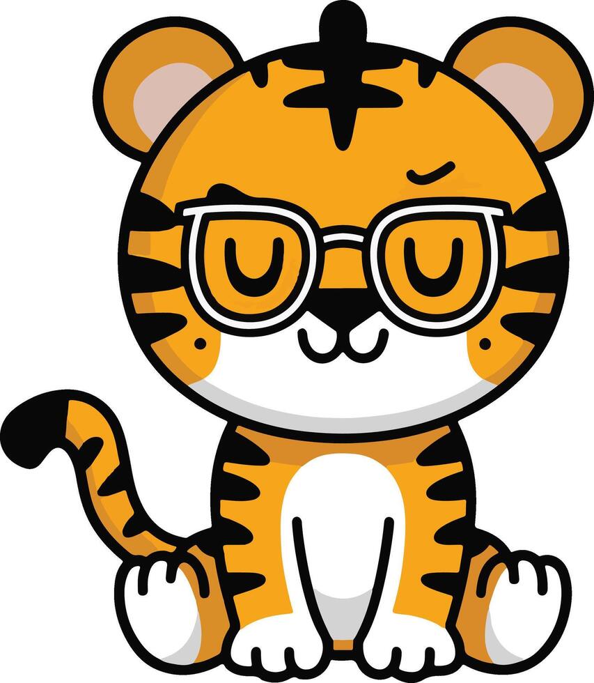 A baby tiger wearing sunglass and sitting cartoon illustration vector