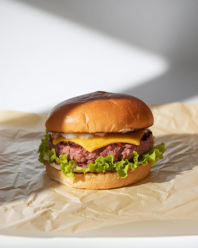 Delicious plant-based cheeseburger on parchment paper. photo