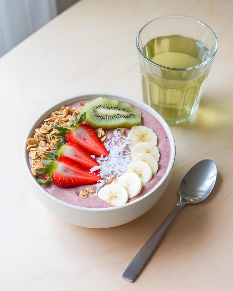 Delicious Berry Smoothie Bowl with Fresh Fruit and Granola photo
