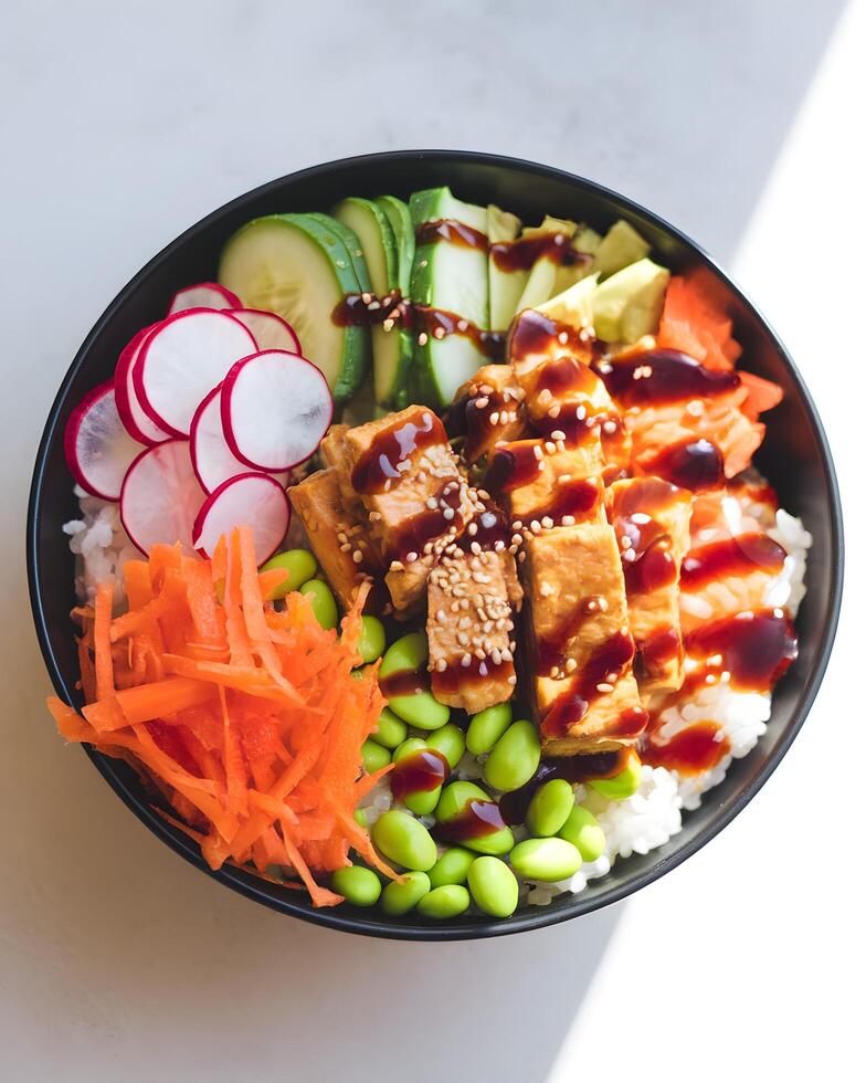 Delicious Teriyaki Tofu Bowl with Fresh Vegetables photo