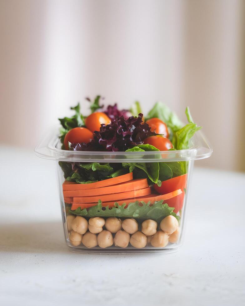 Layered Vegetable Salad in a Clear Plastic Container photo