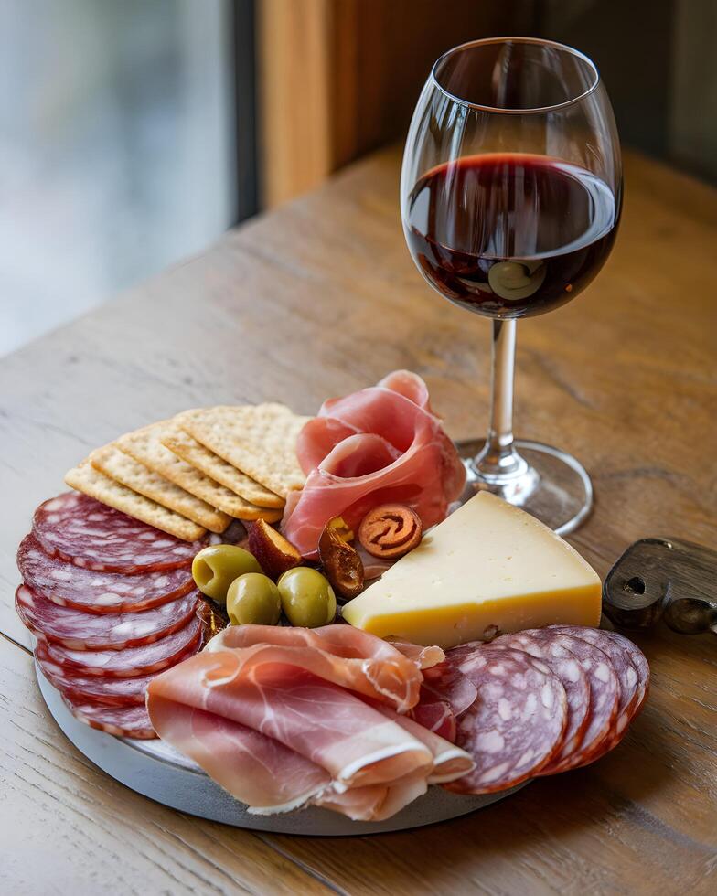 Gourmet charcuterie board with wine, perfect for a sophisticated appetizer photo