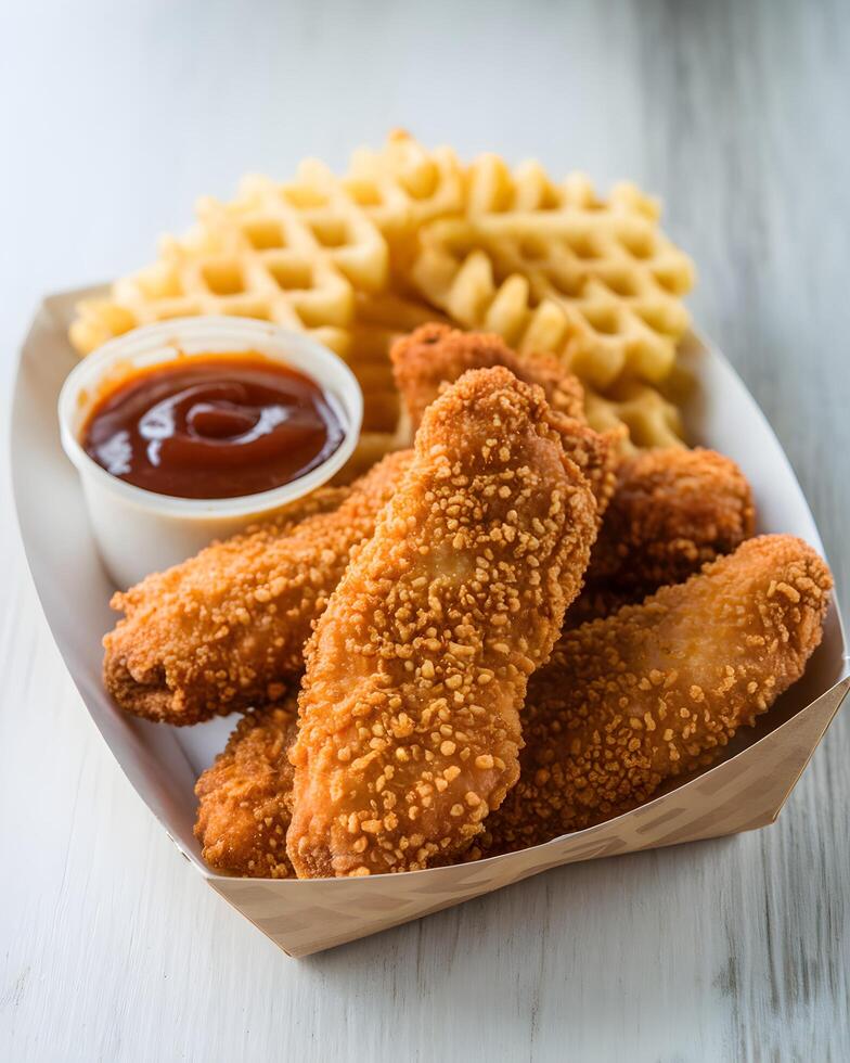 Crispy Chicken Tenders with Waffle Fries and Sauce in a Disposable Container photo