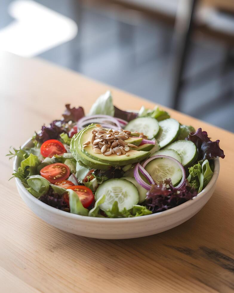Buddha bowl with quinoa, carrot, chickpea, lettuce and hummus photo