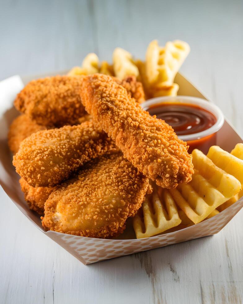 Crispy Chicken Tenders, Waffle Fries, and Sauce in a Takeaway Box photo