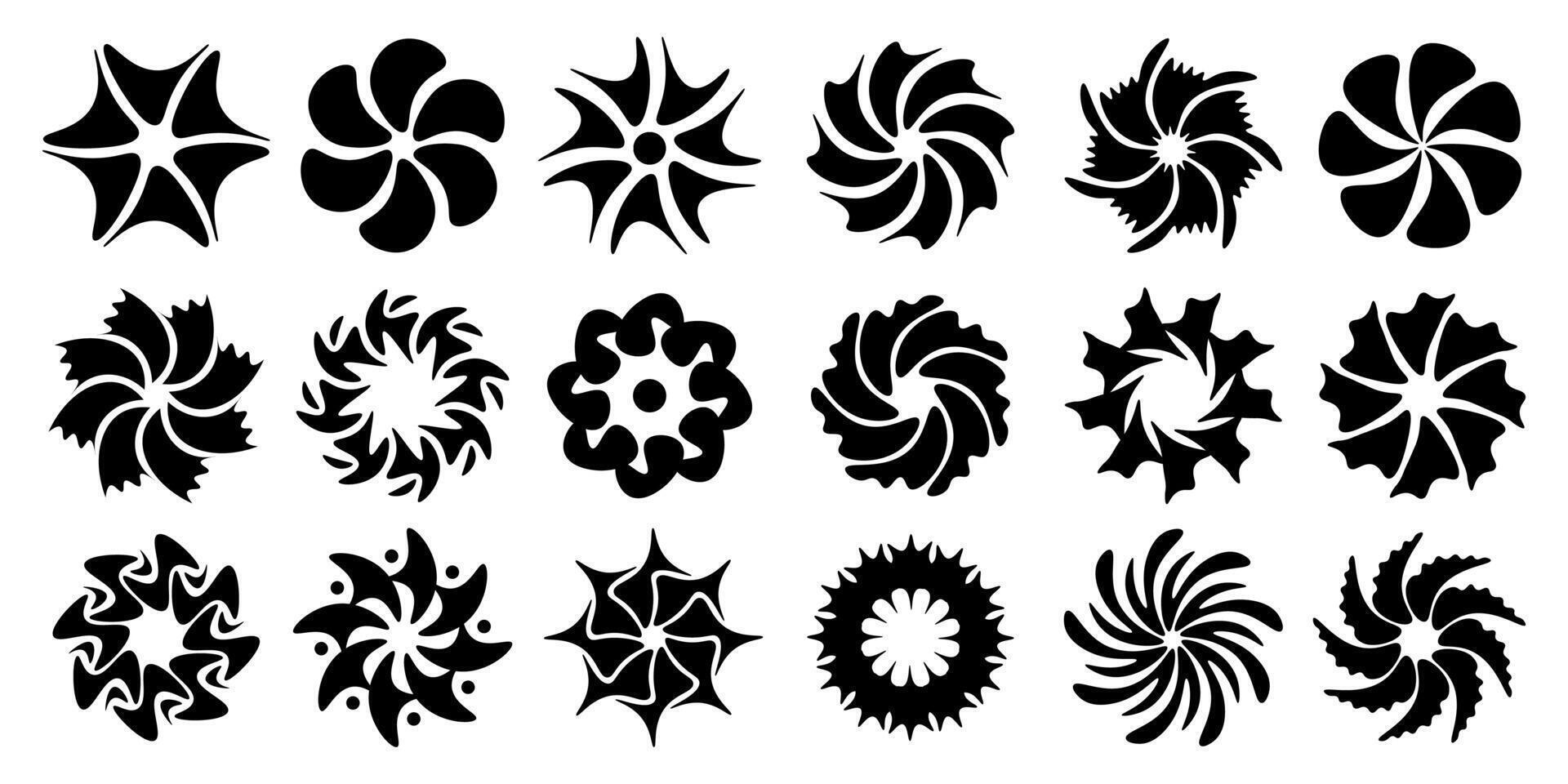 The black flower set features abstract floral design silhouettes and geometric patterns. It is ideal for decoration, logos, and design projects. vector