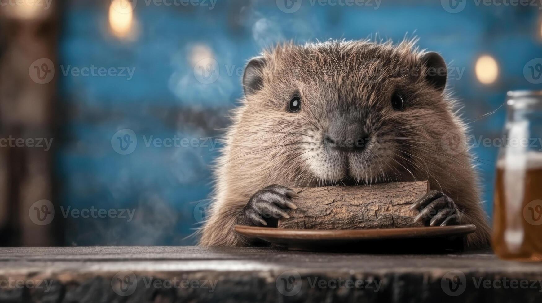 Beaver enjoys a log dinner at a cozy wooden table in a rustic setting photo