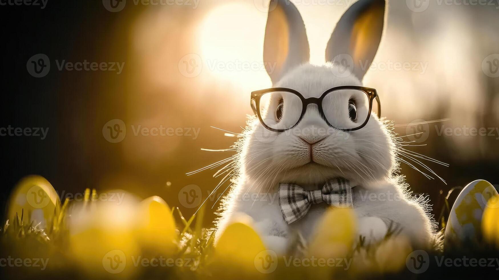 Whimsical white easter bunny with glasses and a bow tie in a cheerful background photo
