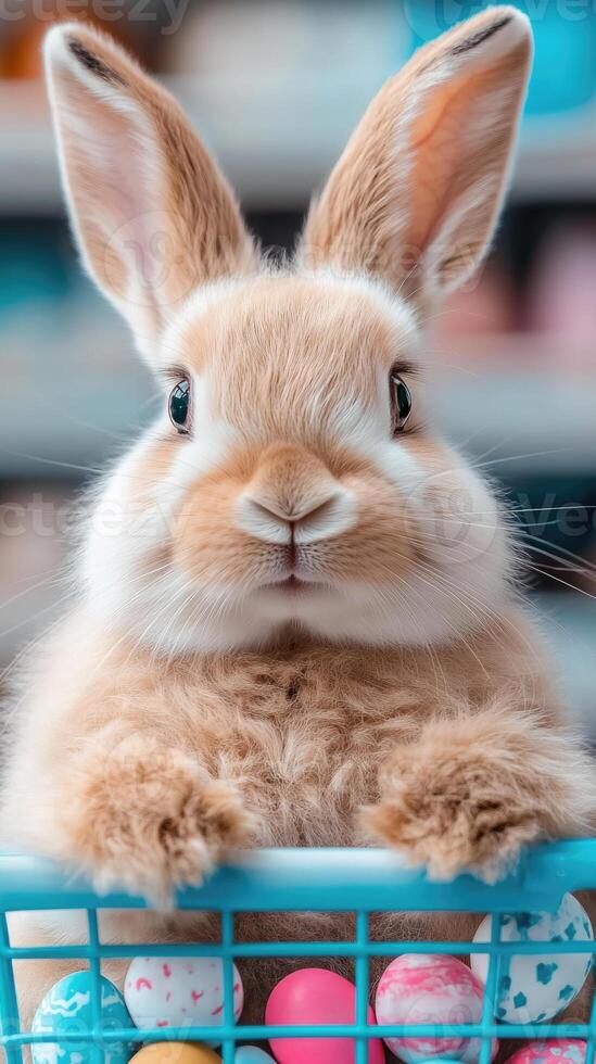 Easter bunny with a basket of colorful eggs on a cheerful backdrop photo