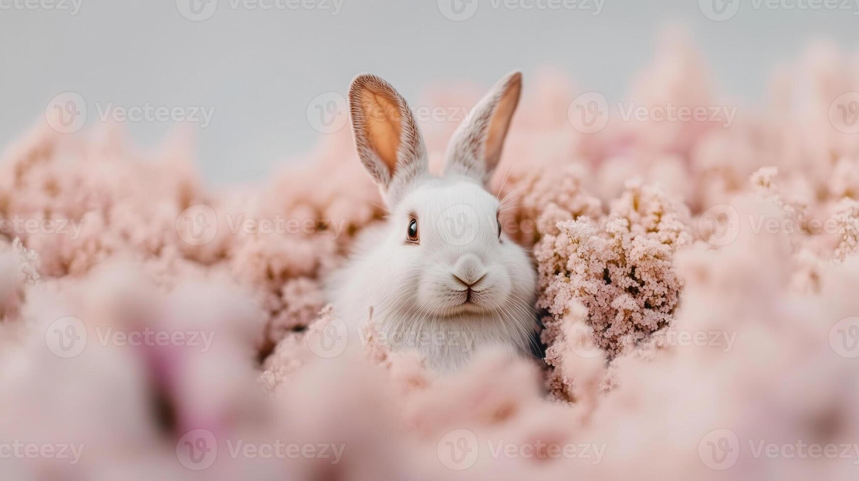 Cute white rabbit nestled among delicate pink flowers in a serene setting photo