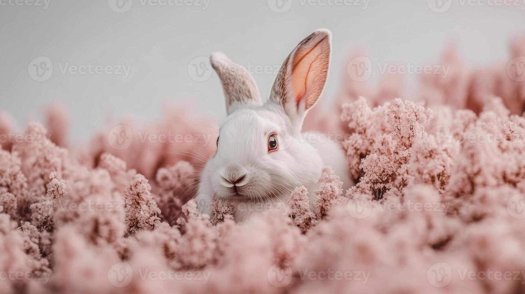 Cute white rabbit nestled among vibrant pink flowers in a peaceful setting photo