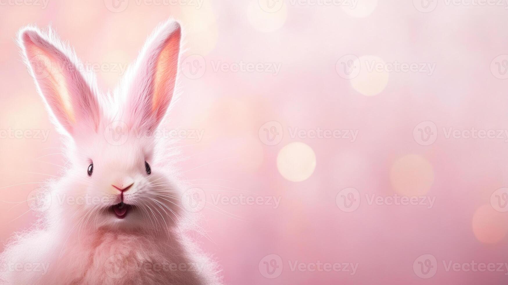 Smiling pink rabbit stands out against a soft pink background photo
