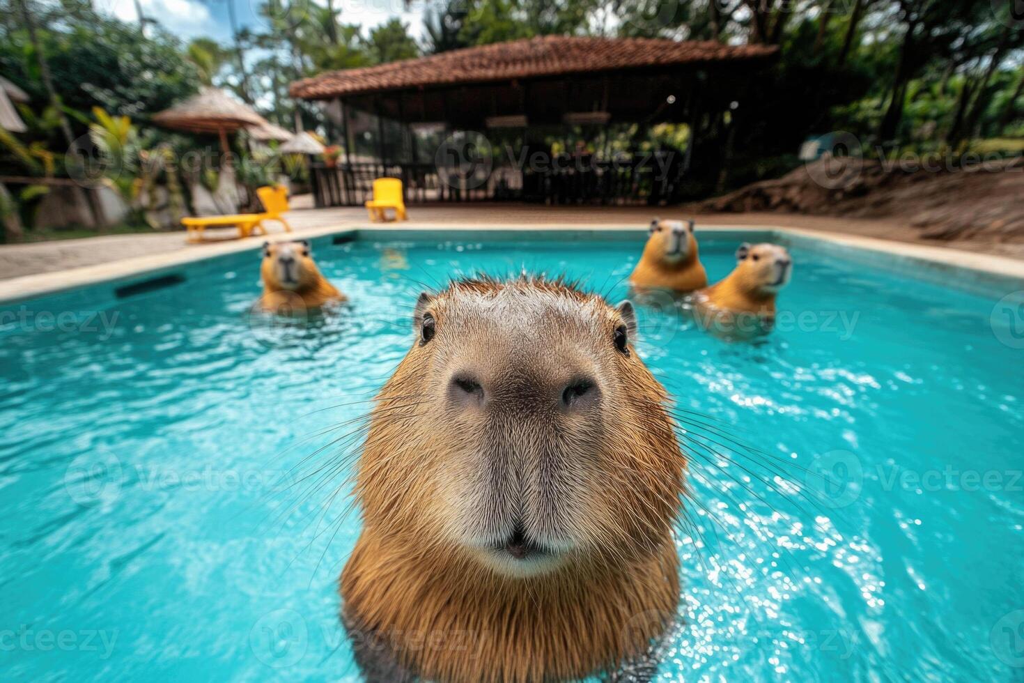 Capybara enjoys a sunny afternoon swim in the pool surrounded by friends photo
