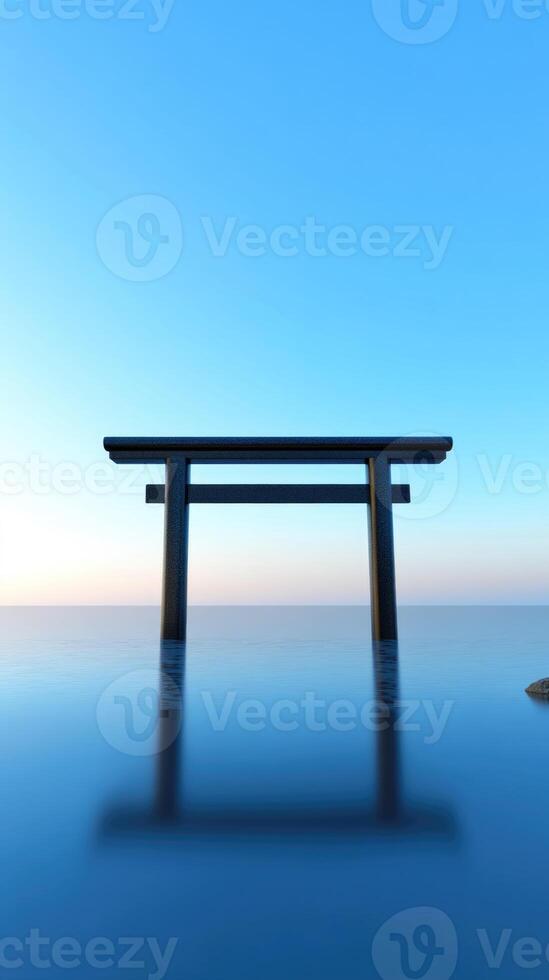 Serene Japanese torii gate reflected in calm waters during sunset photo