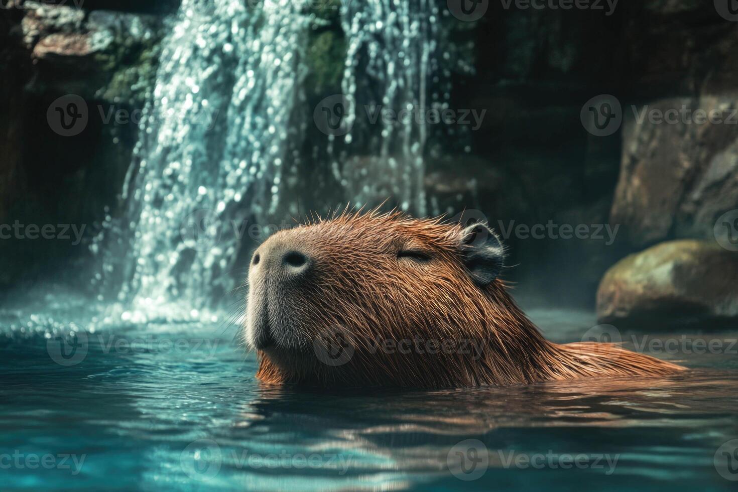 Capybara enjoying a serene swim in clear water beneath a gentle waterfall photo