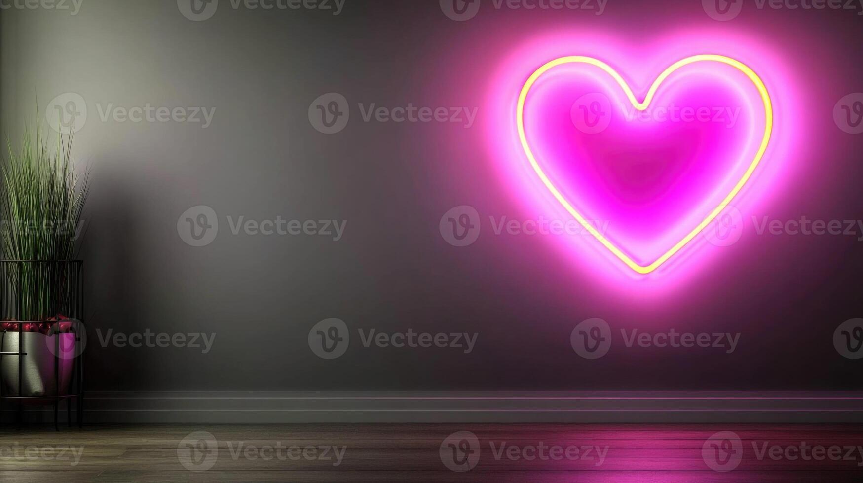 Vibrant purple neon heart illuminates a white wall in a dimly lit room photo