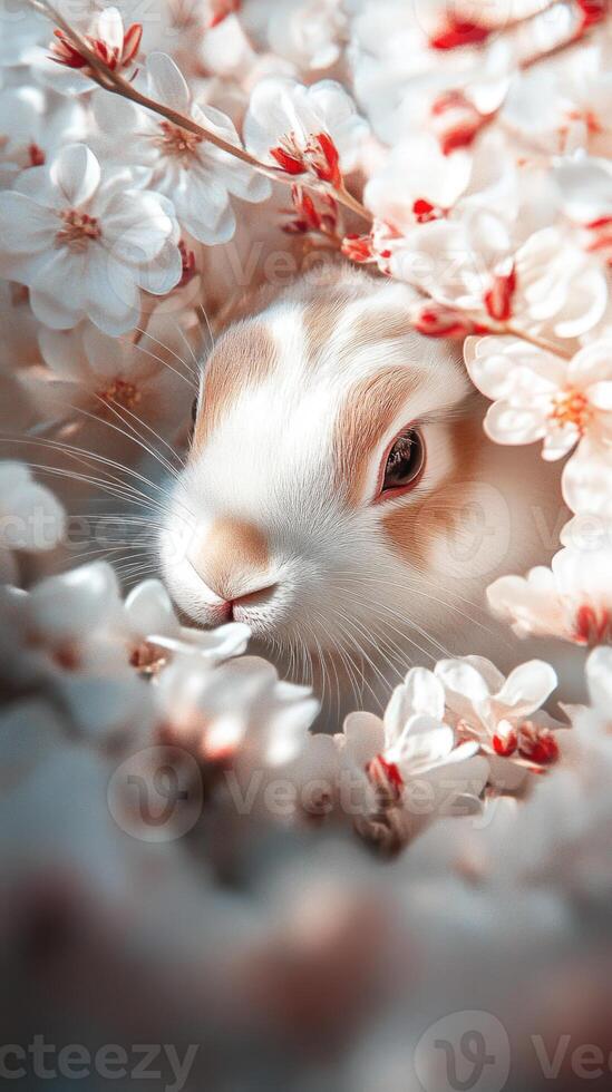 Cute white rabbit nestled among vibrant pink flowers in a serene garden setting photo