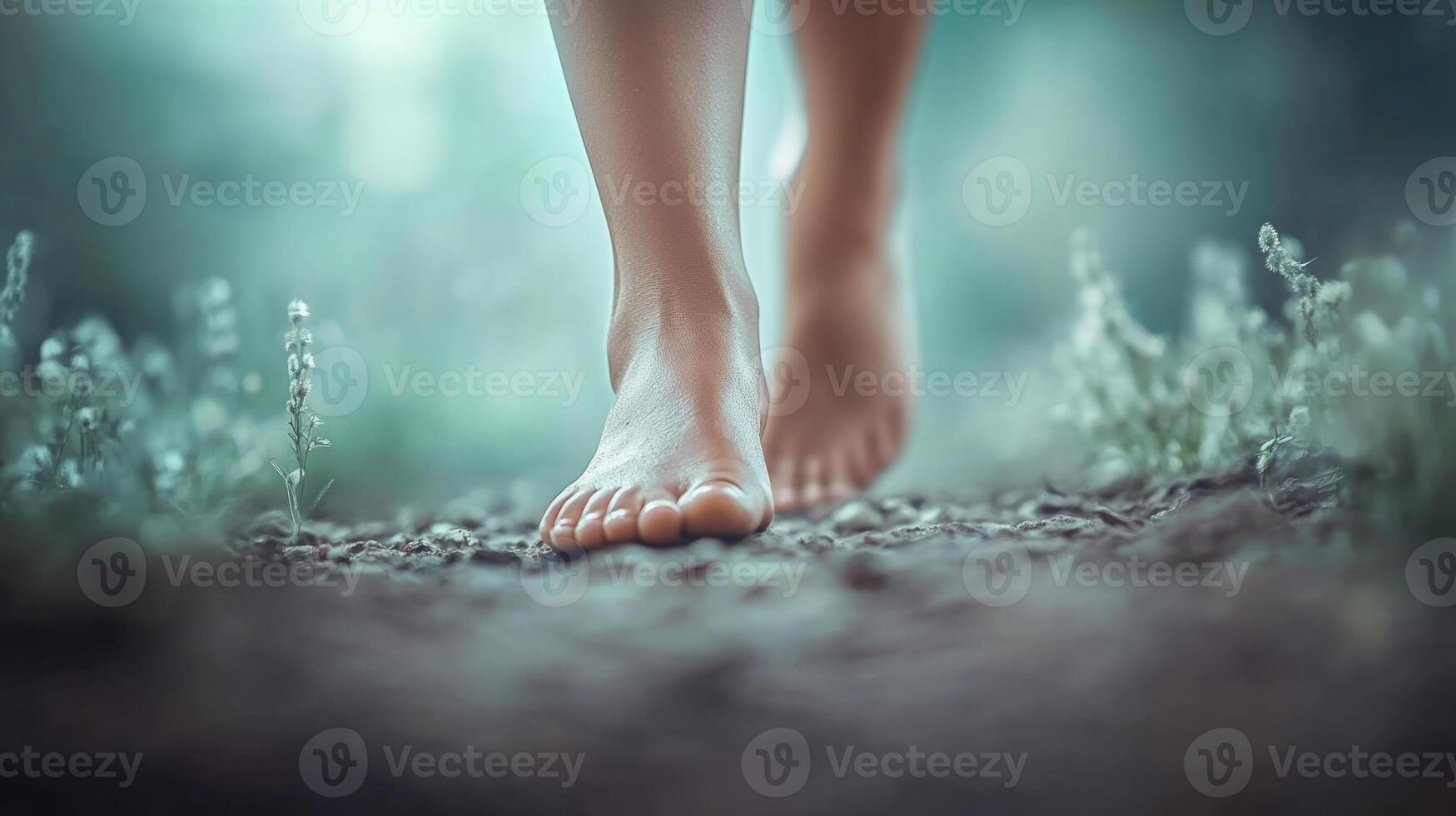 Cinematic HD aerial view of bare female feet walking on soft grassy ground photo