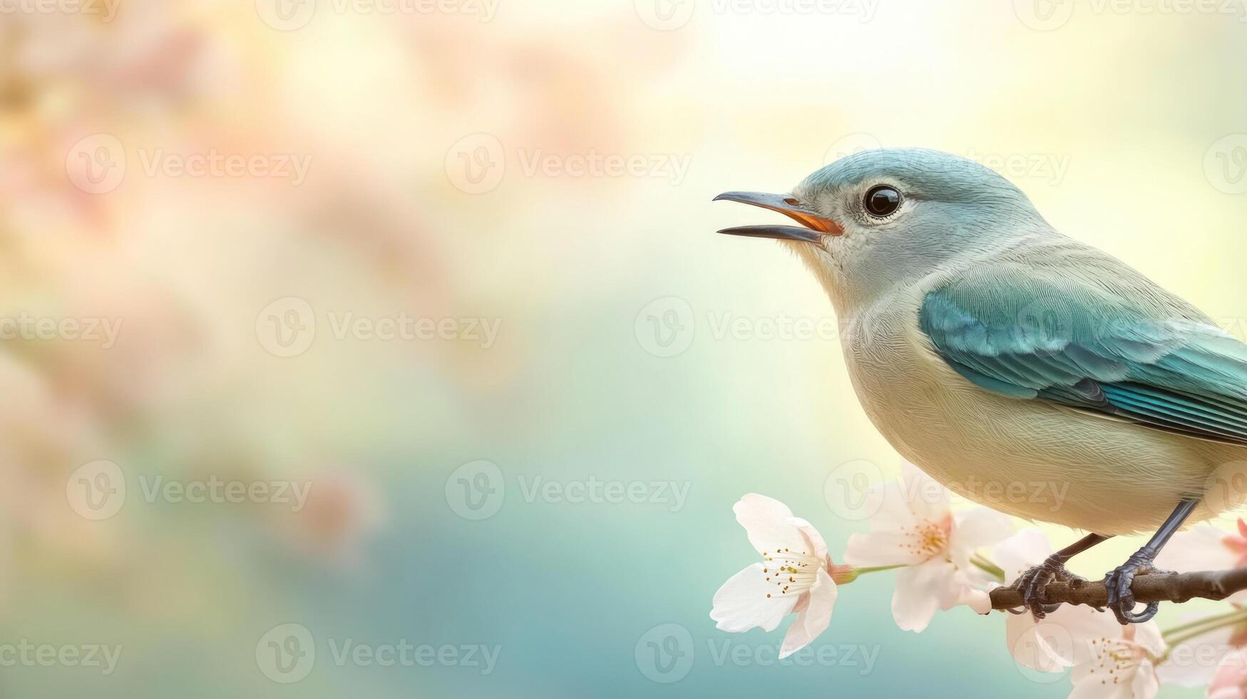 Tiny bluebird chirping on a cherry blossom branch in warm sunlight photo