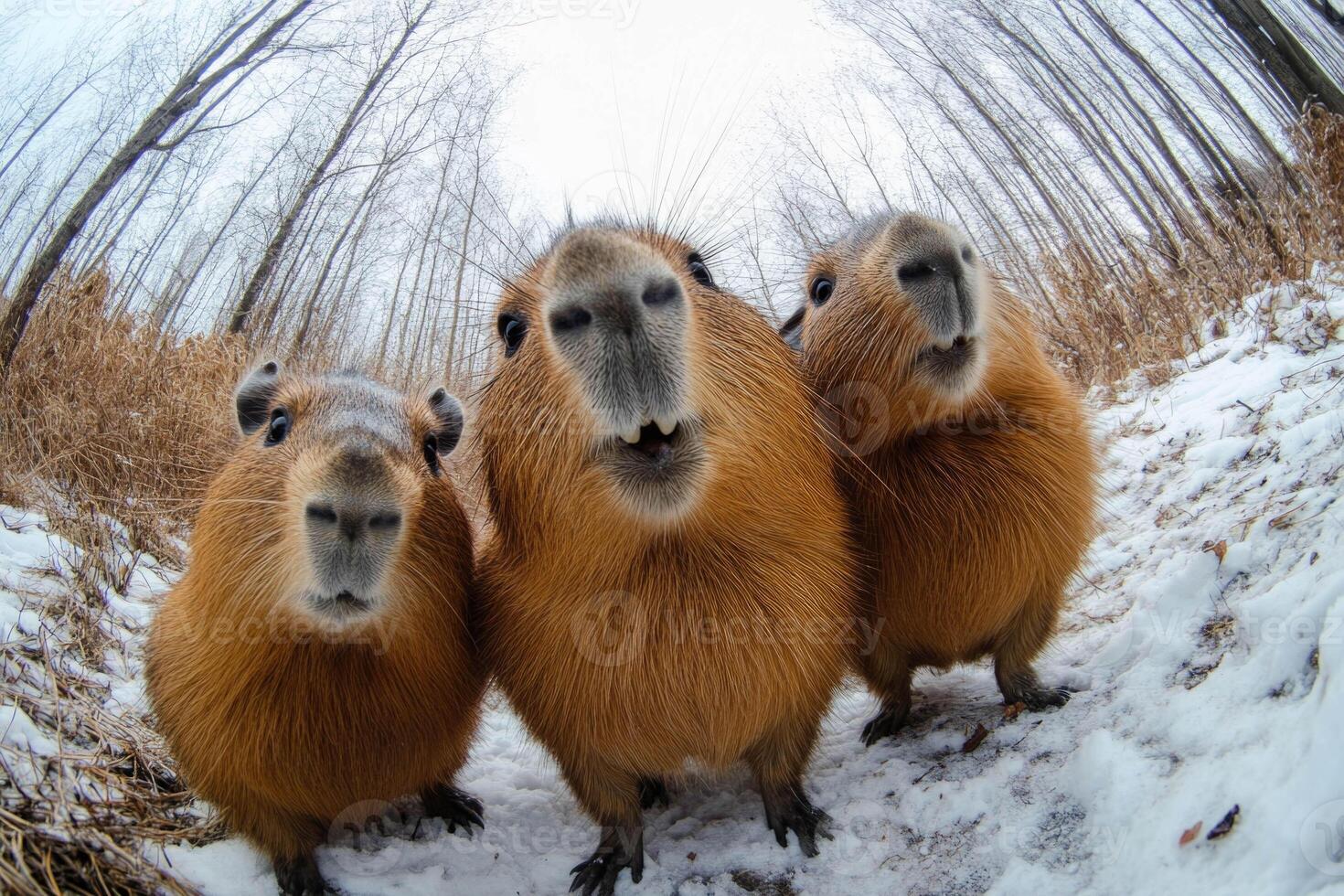 Funny capybaras posing together in a snowy forest setting during a bright winter day photo