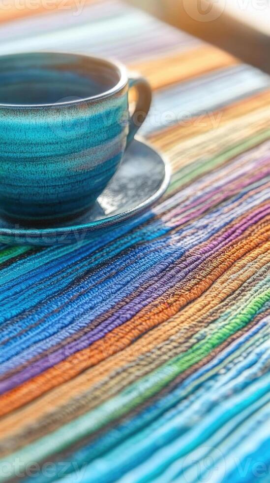 Vibrant Mexican-style tableware with colorful patterns on a rustic surface photo