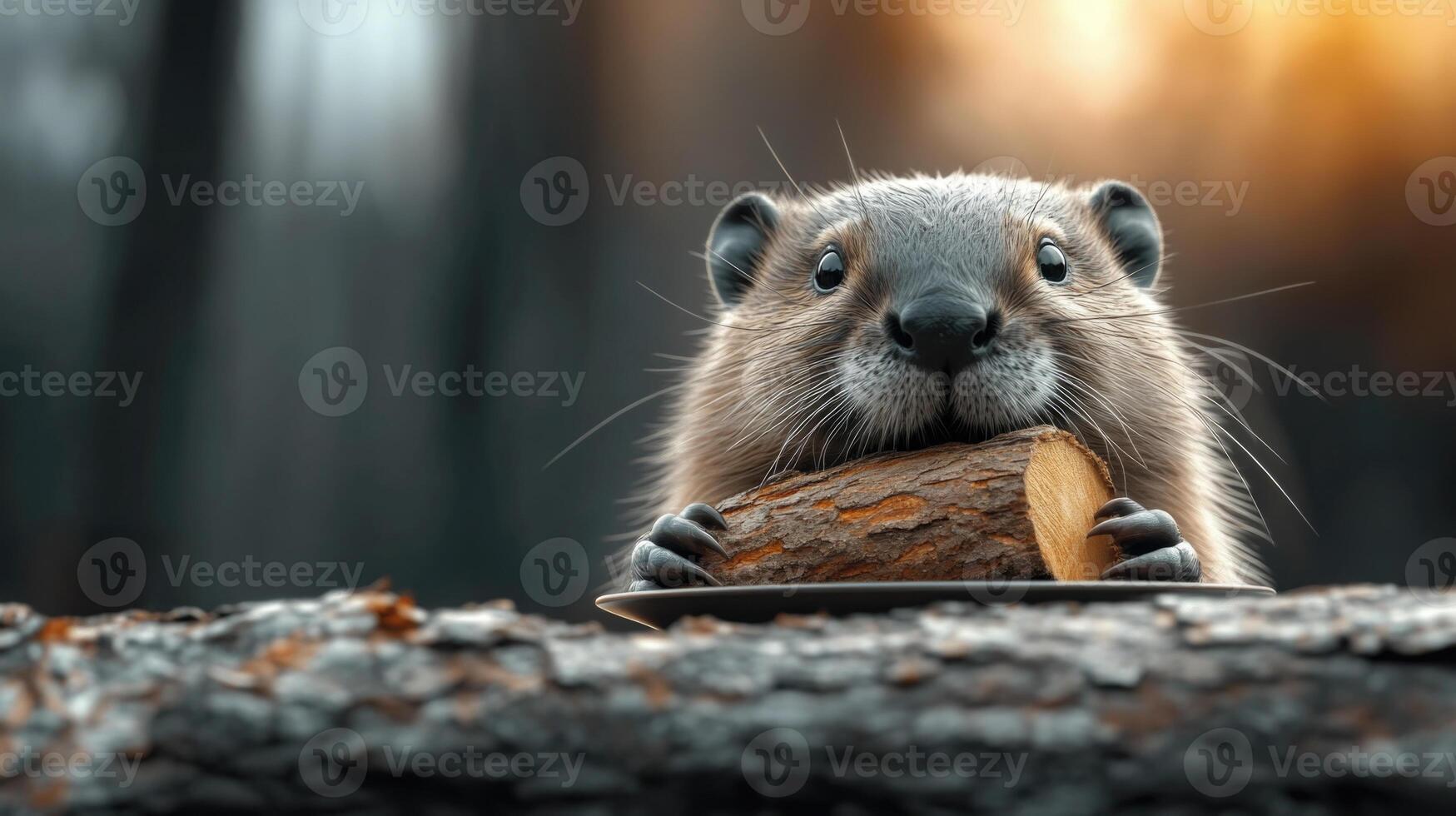 Beaver enjoying a log dinner at a rustic wooden table in the forest photo