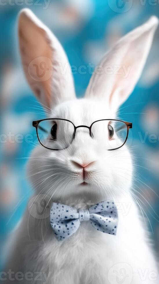 Charming white easter bunny in glasses with a bow tie poses for a fun portrait photo