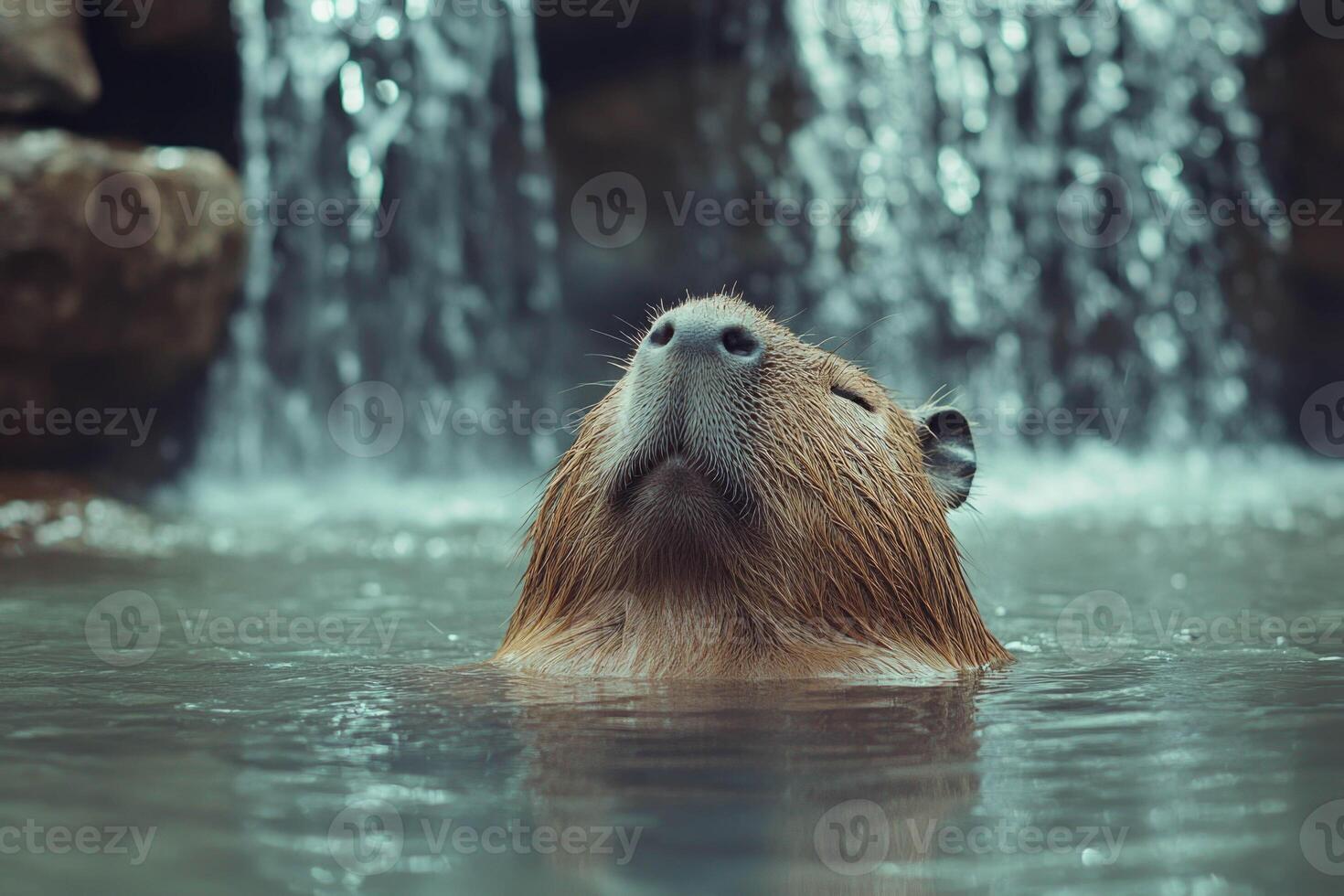 Capybara peacefully swims with closed eyes in tranquil water near a waterfall photo