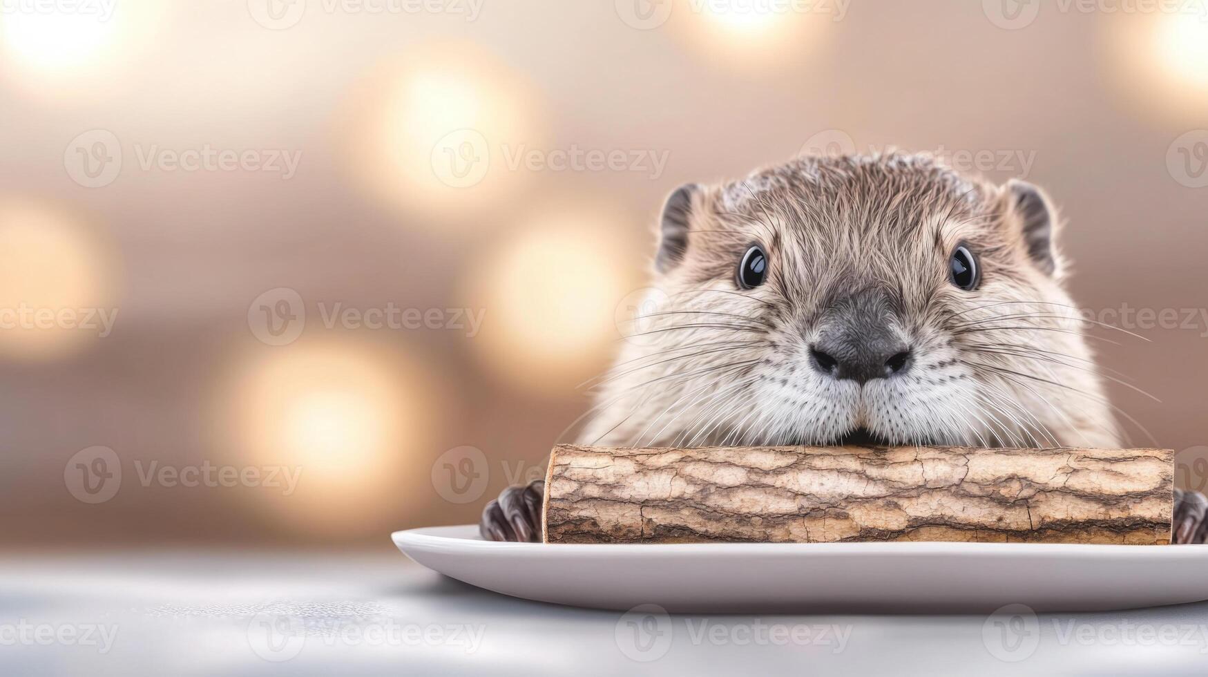 Beaver enjoys a log dinner at a cozy table setting in soft lighting photo