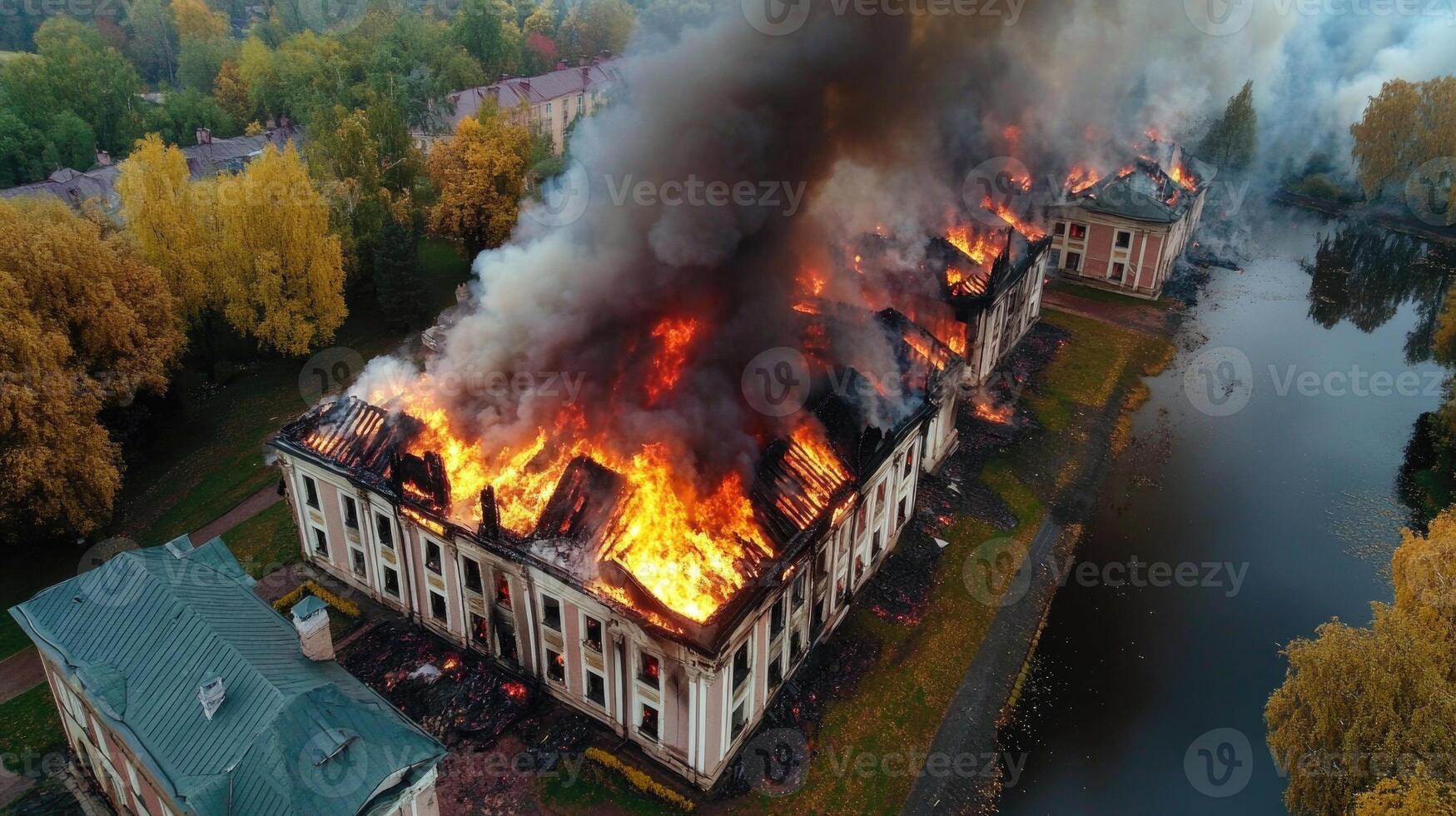 Flames consume a historic structure surrounded by vibrant autumn foliage, with smoke billowing into the sky as firefighters respond to the blaze photo