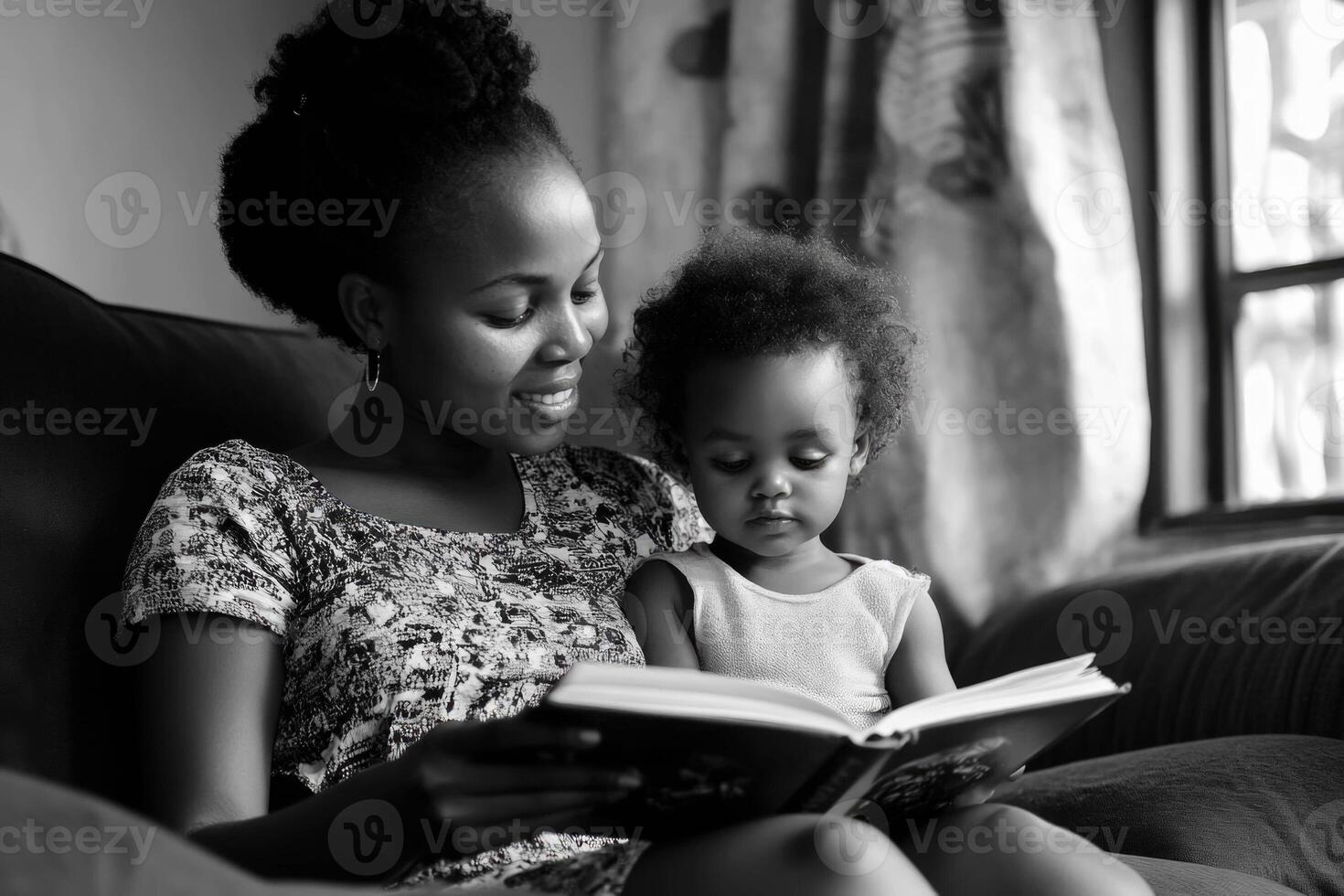 Mother delights in reading a story to her young child on a cozy sofa in a well-lit living room photo