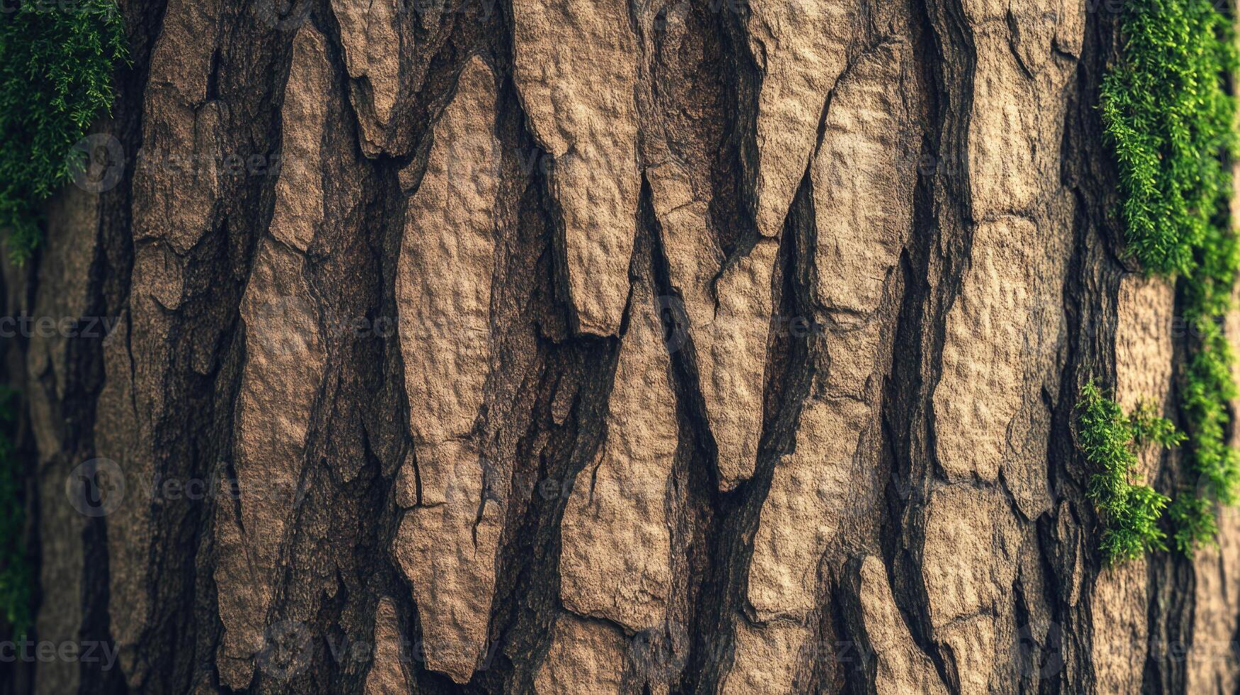 Close-up view of textured tree bark with vibrant moss details in natural setting photo