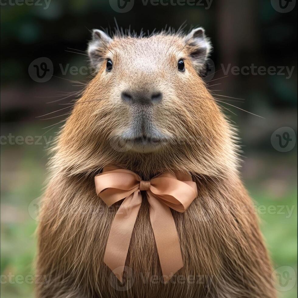 Capybara with a delicate bow enjoys a moment of calm in a peaceful outdoor setting photo