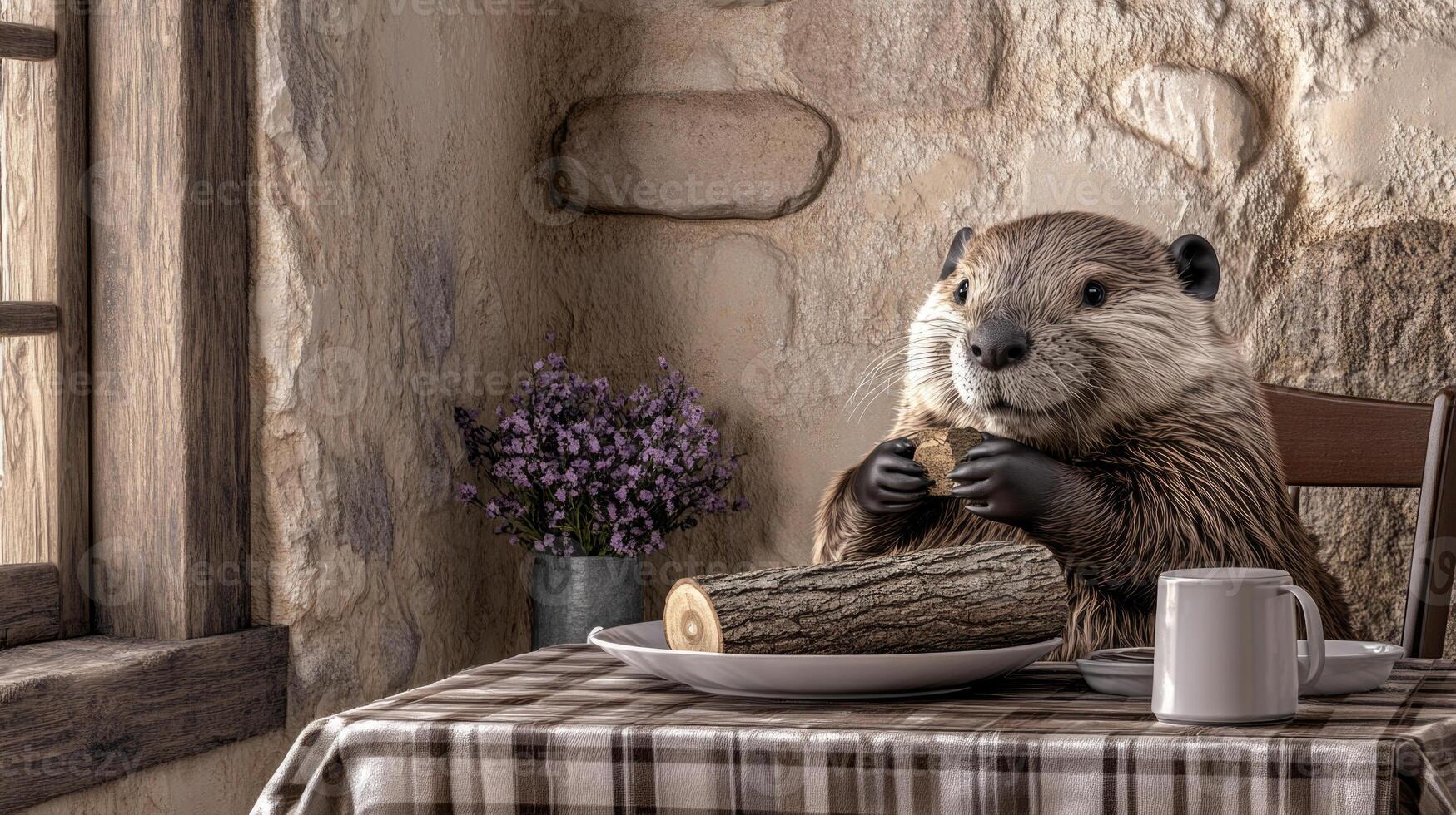 Beaver enjoys dinner at a rustic table with a log on its plate photo