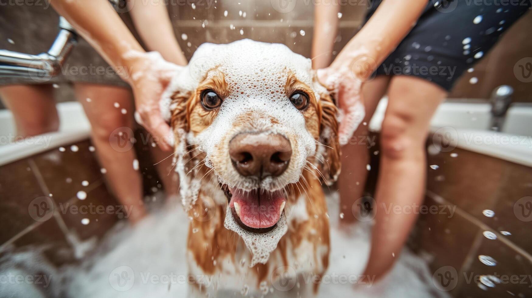 Happy dogs enjoying a bath with their owners in a cozy bathroom setting photo
