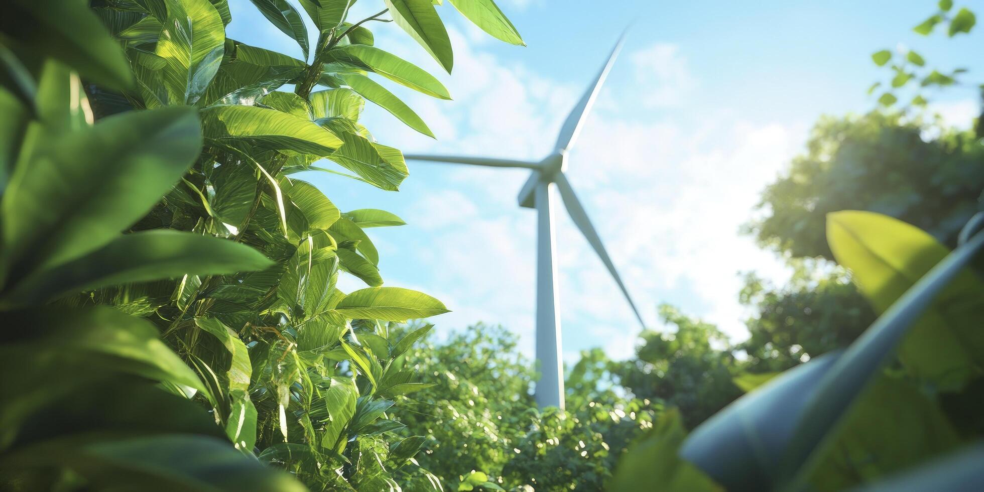 A wind turbine in the background of lush greenery and a clear blue sky photo