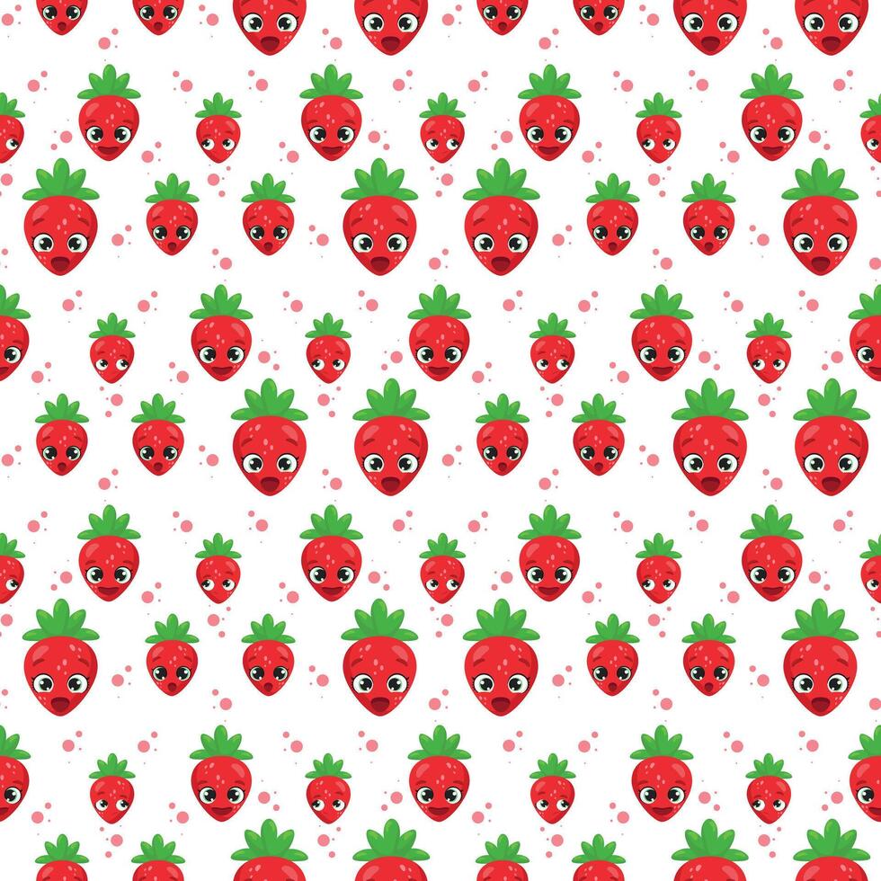 Playful seamless pattern with adorable strawberries featuring expressive faces, green leaves vector