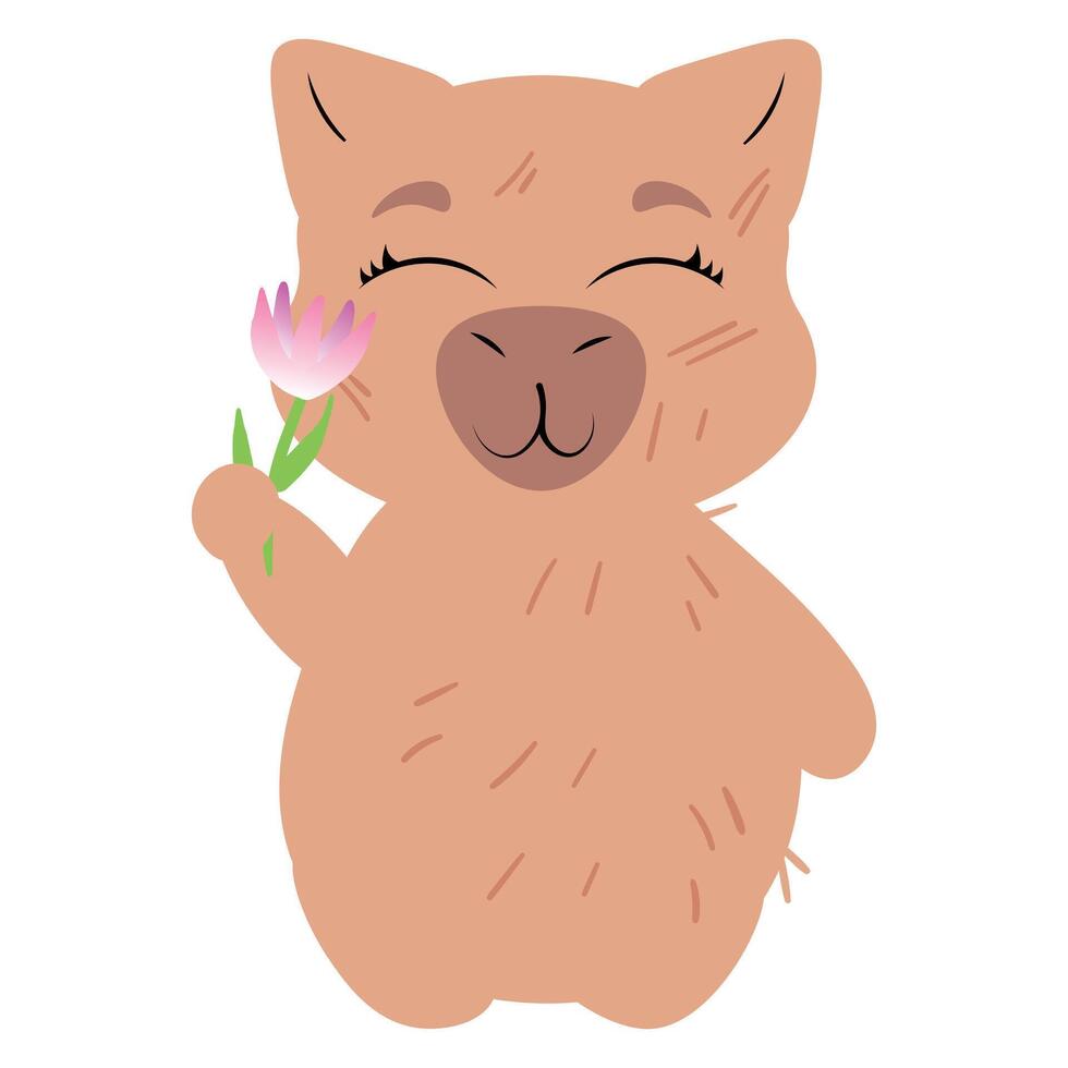 Adorable capybara holding a delicate flower with a joyful and peaceful expression vector