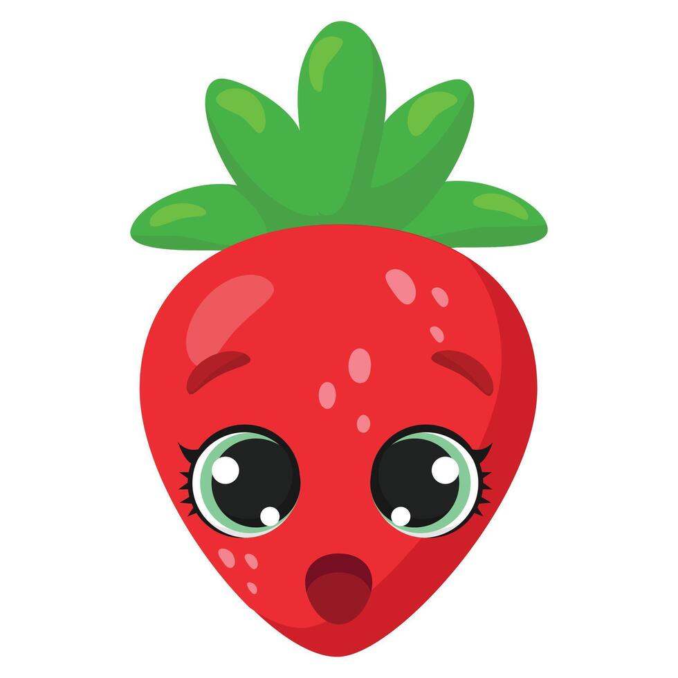 Surprised strawberry character with wide eyes and an open mouth. A charming and expressive fruit design, ideal for branding, packaging, prints, stickers, and digital illustrations vector