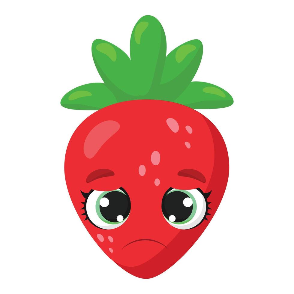 Sad strawberry with expressive eyes and a frown, conveying emotion. Perfect for stickers, emoticons, prints, social media, and creative designs vector