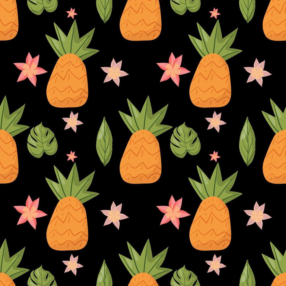 Fresh and modern botanical design featuring pineapples, green monstera leaves, and pink floral elements. Great for textile prints, packaging, and digital backgrounds vector